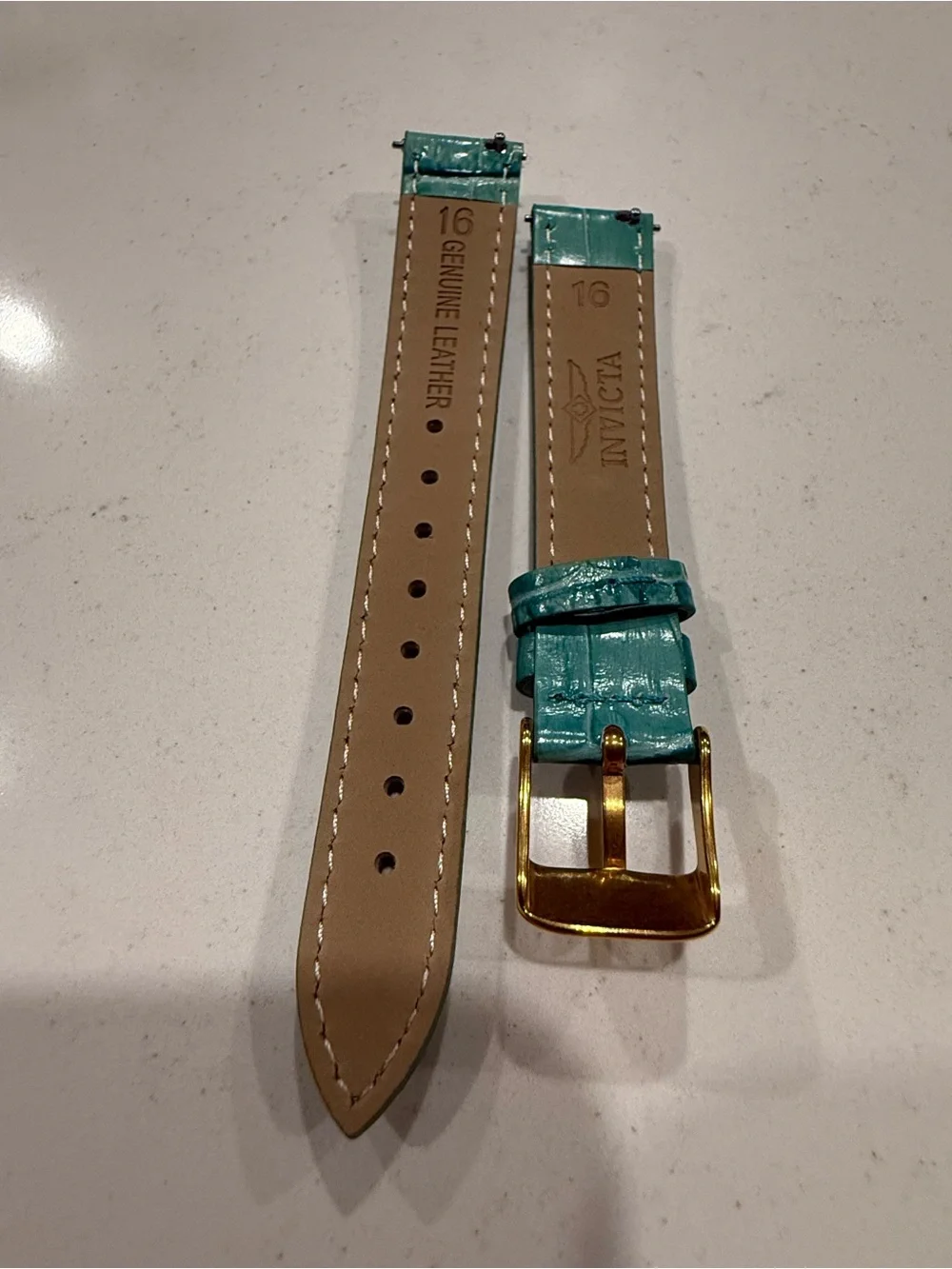 Invicta 16mm Teal Alligator Embossed Leather Watch Band Gold Tone Buckle